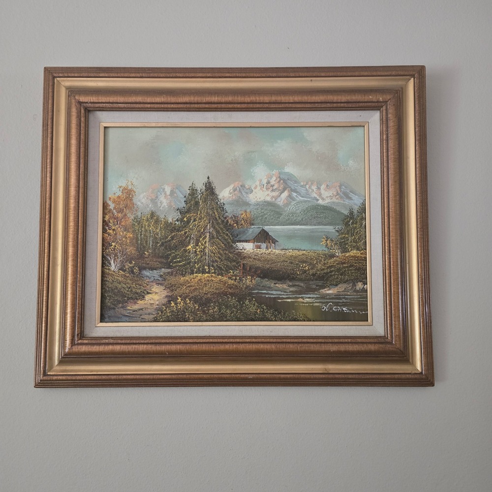 Vintage Signed Mountain Landscape Oil Painting Impasto Cabin Lake Gold Frame